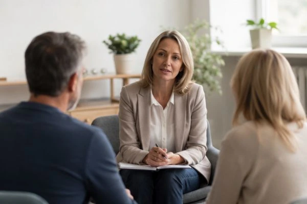 Couple discussing financial arrangement , pensions in divorce Camborne